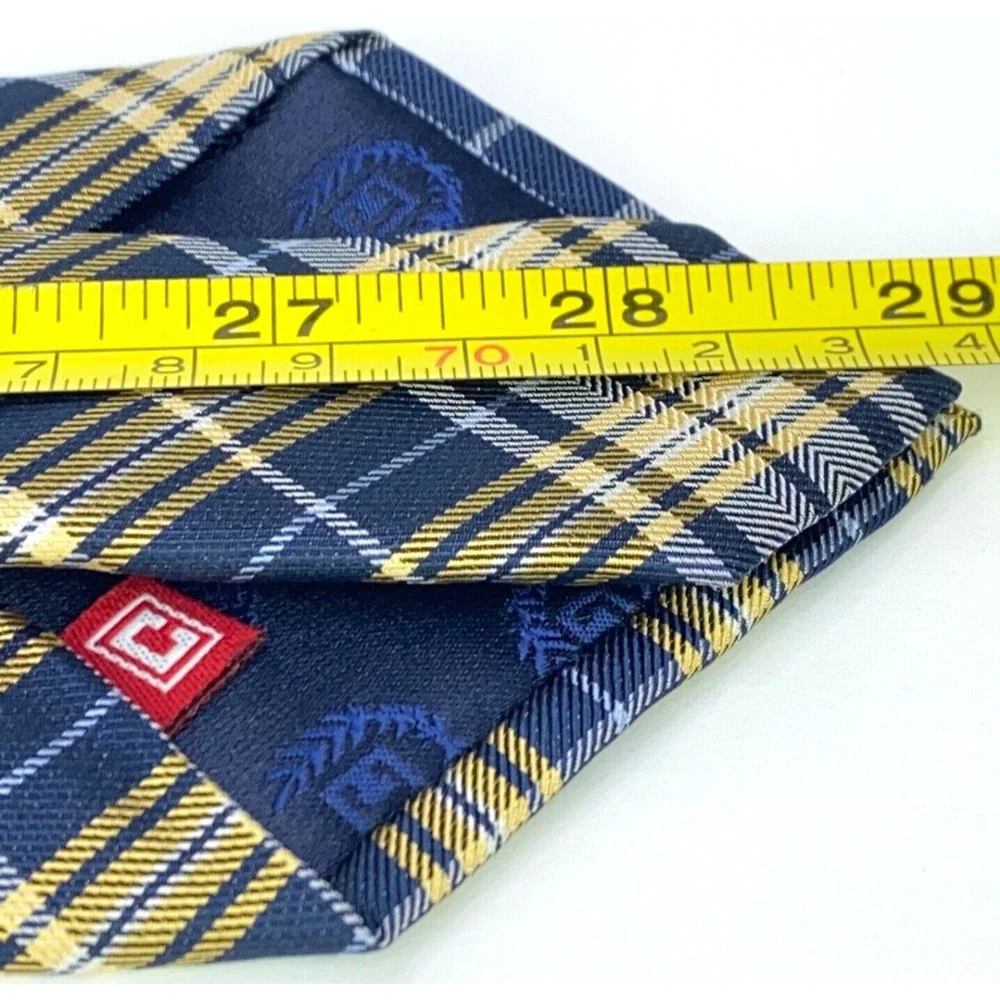 CHAPS Tie Navy & Light Blue Yellow Plaid Striped 100% Silk Hand Made Necktie 58